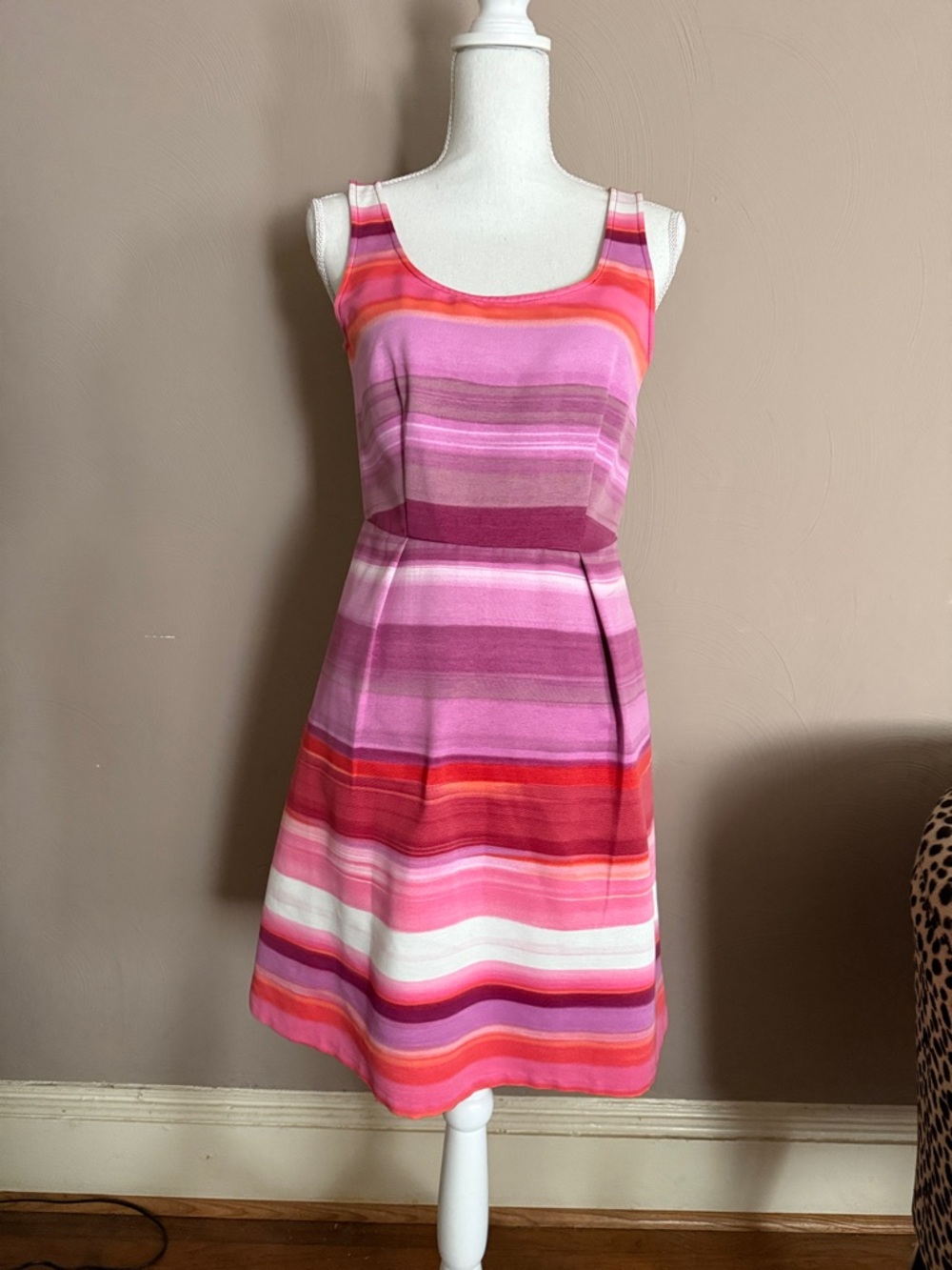 LOFT Pink and Red Striped Sleeveless Midi Dress